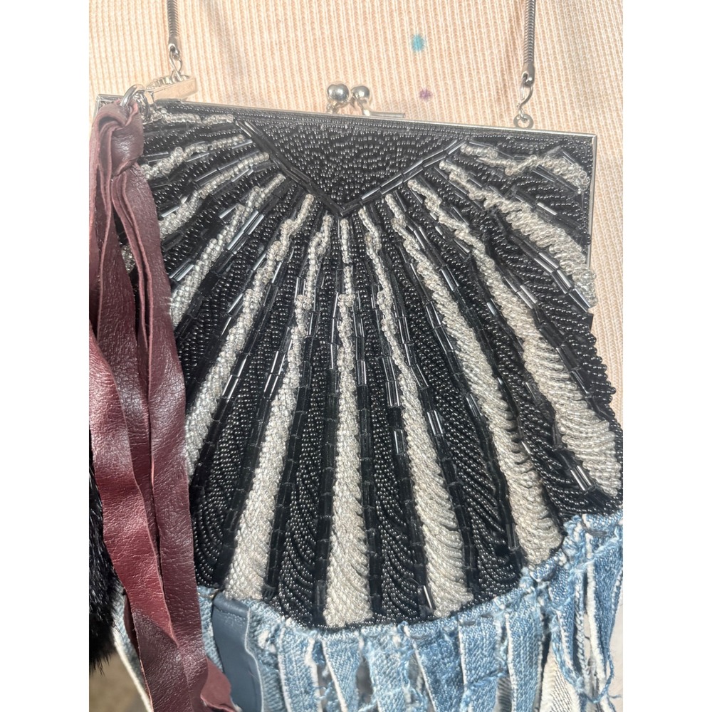MAME Bespoke Reworked Vintage Beaded‎ Crossbody Bag Fringe & Mink Tail firm - Picture 13 of 15